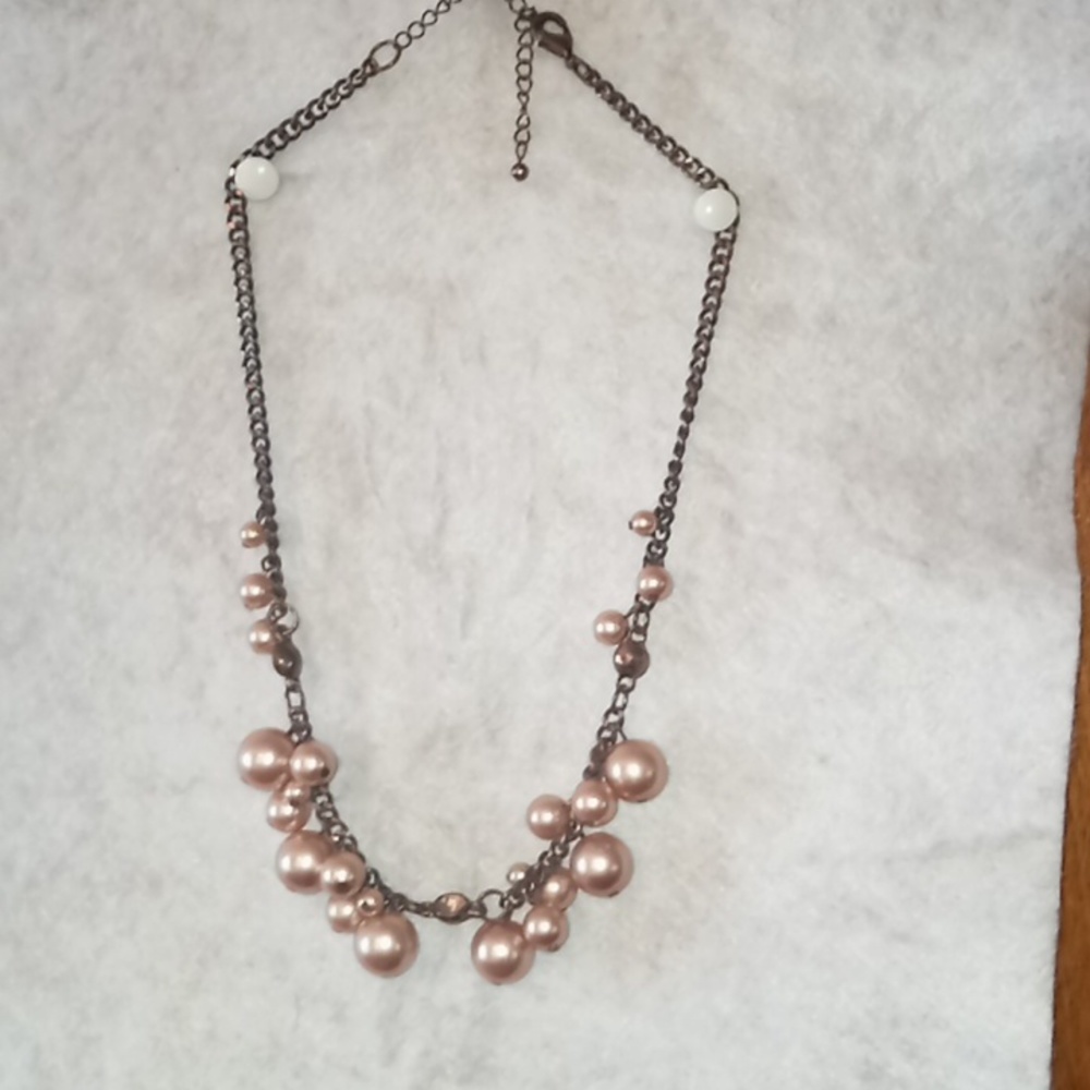 Metallic costume jewelry with light pink metallic pearl beads
